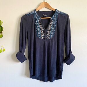 Lucky Brand Navy Embroidered Top 3/4 Sleeve